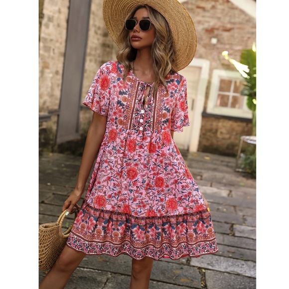Floral Print Pink Red Flowy Loose Fitting Short Sleeve Mini Dress Neck Ties - Picture 5 of 16